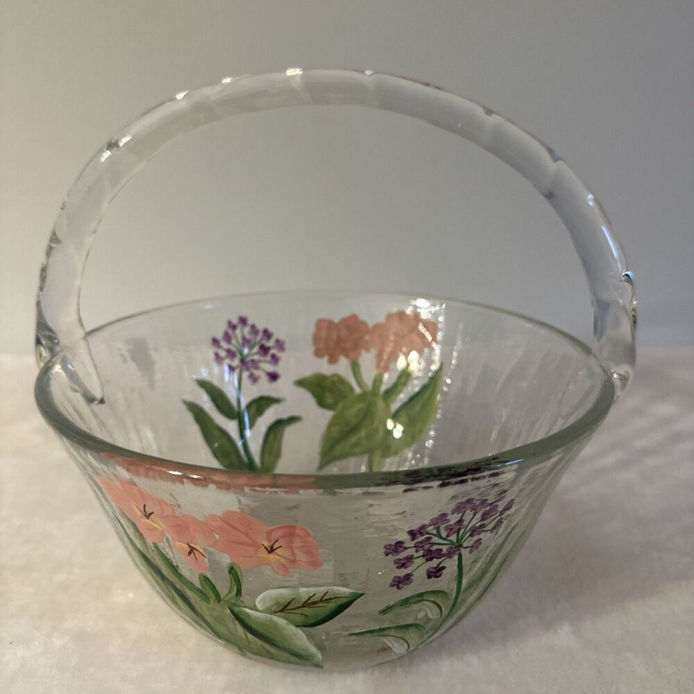 Romanian Hand Painted Floral Crackle Glass Basket Bowl Fifth Avenue Beautiful